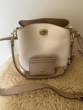 Mini Willow Coach Two-Tone Pebble Leather Bucket Bag in Chalk & Taupe